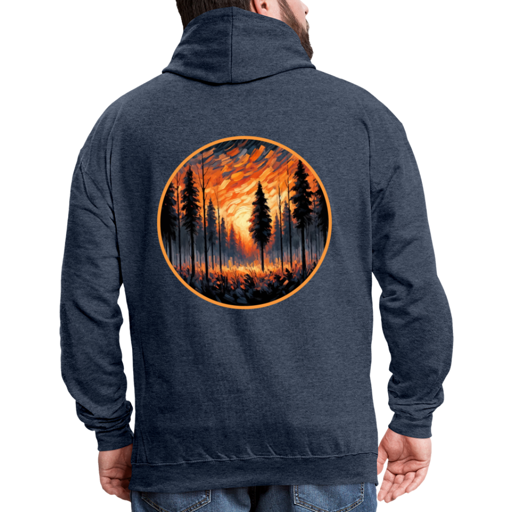 Orange Forest Sunset Graphic Unisex Contrast Hoodie with Logo - indigo heather/asphalt