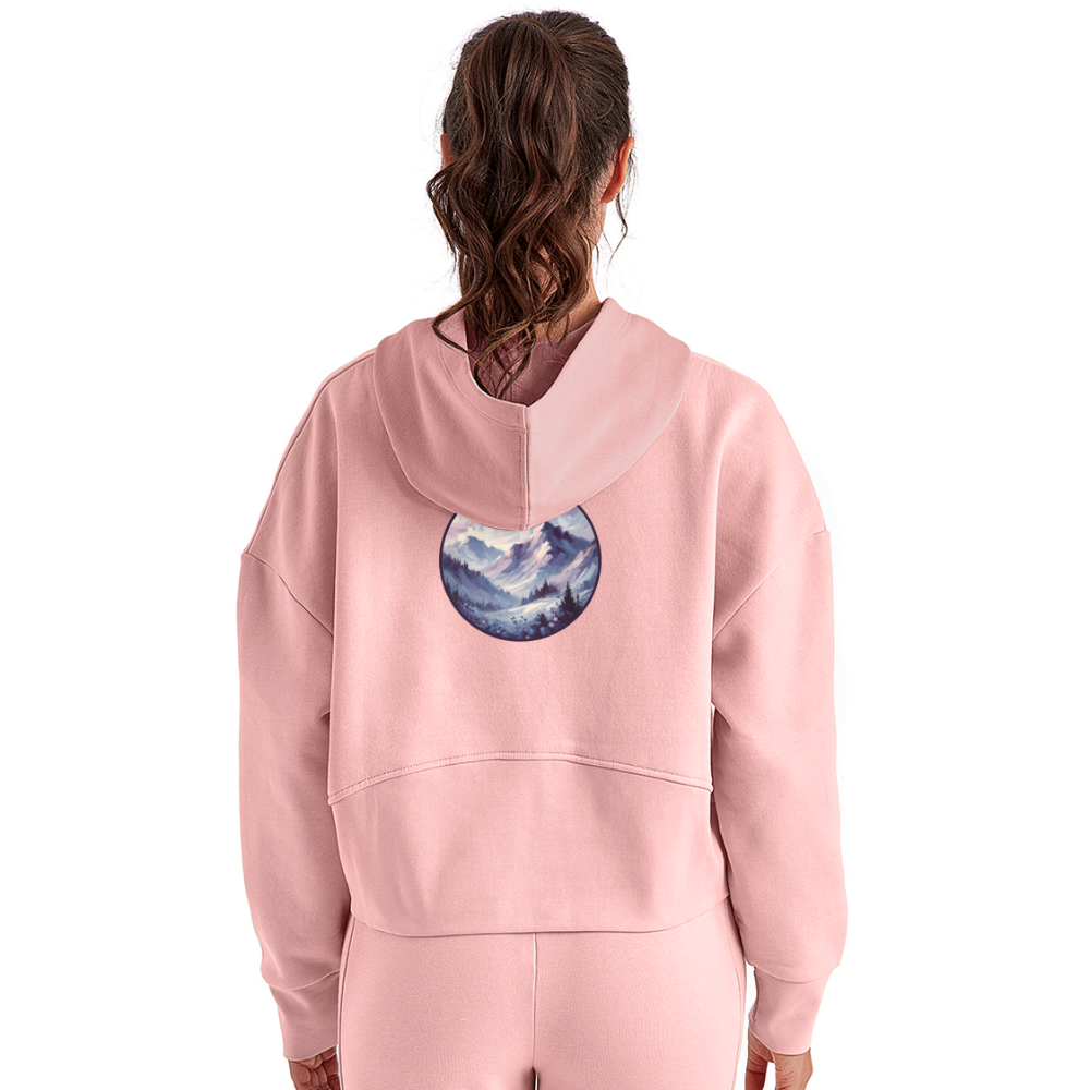 Women's Lavender Blue Mountain Range Graphic Half Zip Cropped Hoodie with Logo - light pink