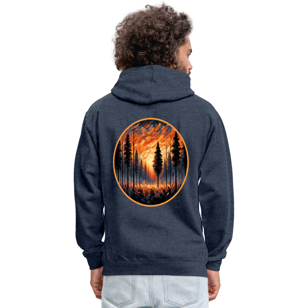 Orange Forest Sunset Graphic Unisex Contrast Hoodie with Logo - indigo heather/asphalt