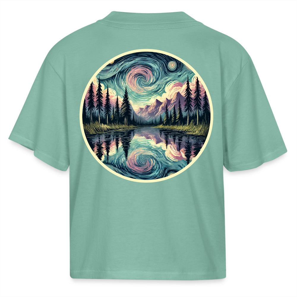 Women's Purple Swirling Sky Reflected on Lake Graphic Boxy Tee with Logo - saltwater