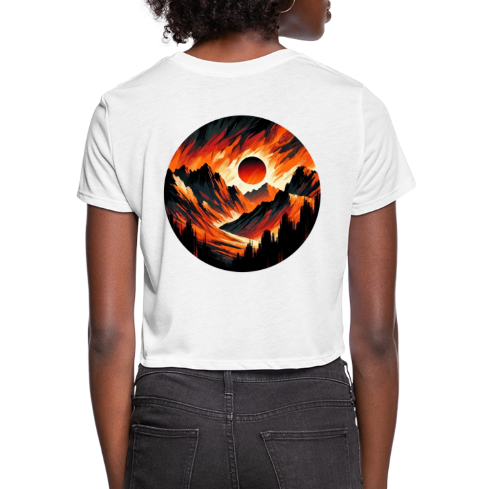 Women's Orange and Black Mountain Range Graphic Cropped T-Shirt with Logo - white