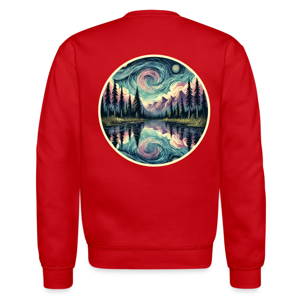 Purple Swirling Sky Reflected on Lake Graphic Crewneck Sweatshirt with Logo - red