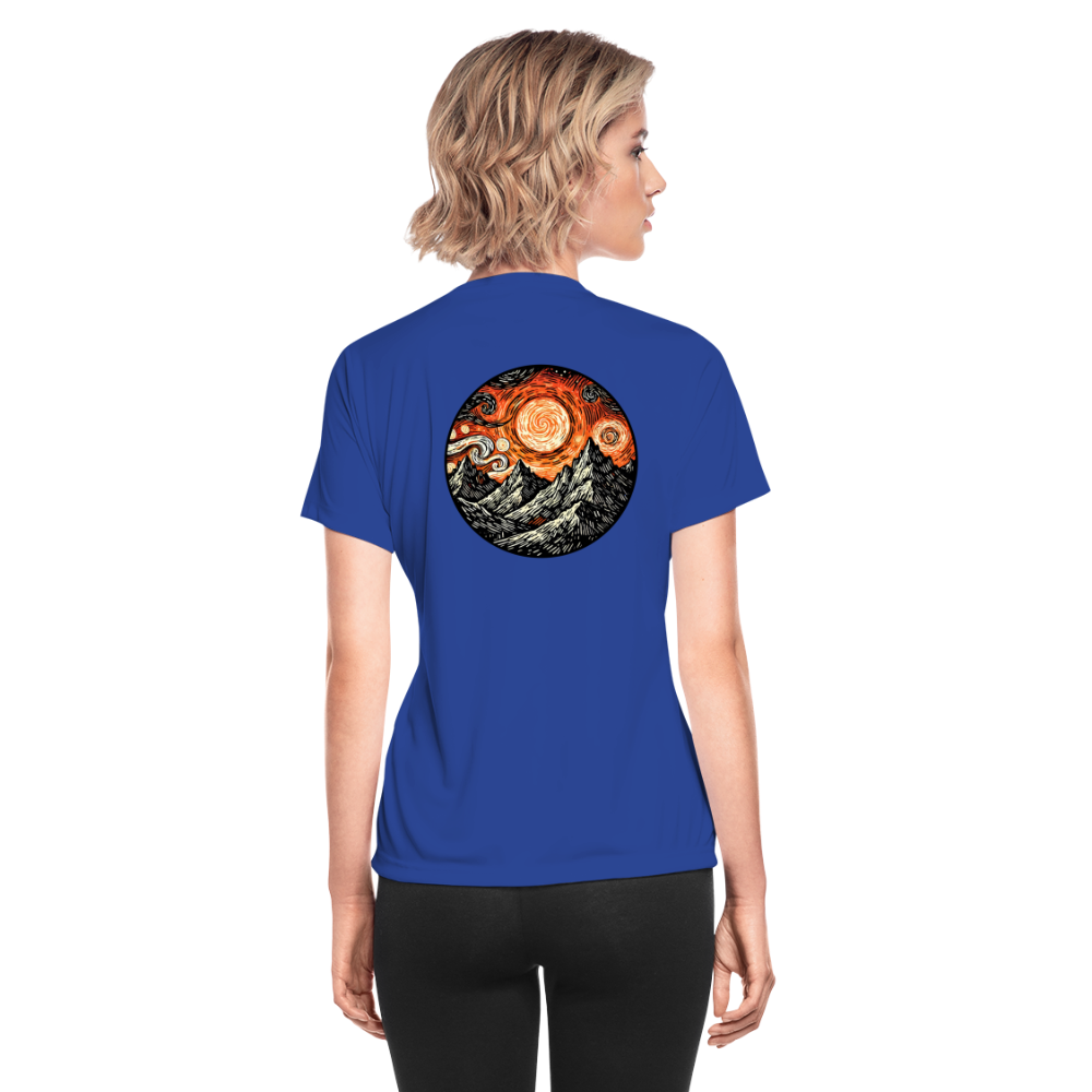 Women's Orange Swirling Mountains Graphic Moisture Wicking Performance T-Shirt with Logo - royal blue