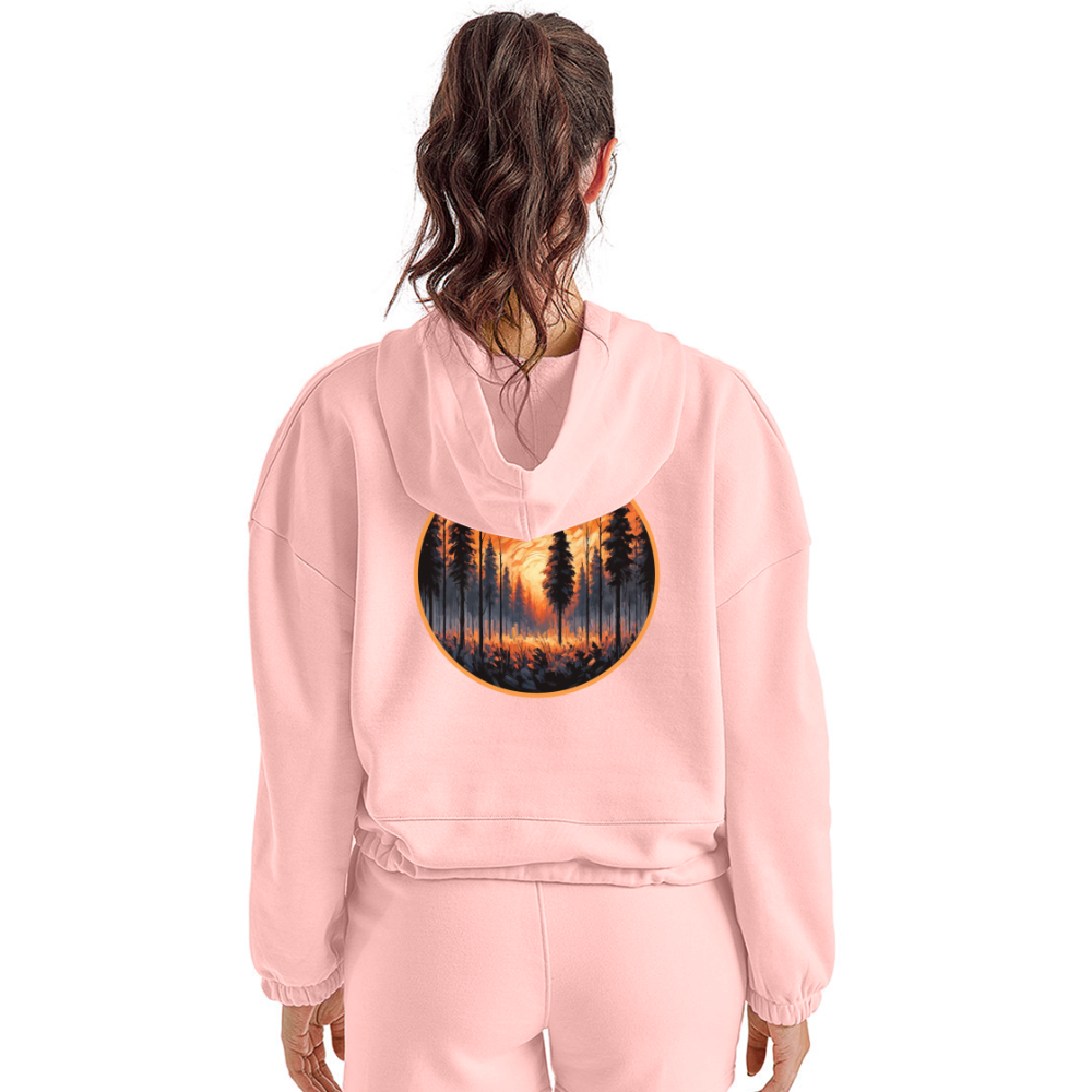 Women’s Orange Forest Sunset Graphic Cropped Hoodie with Logo - light pink