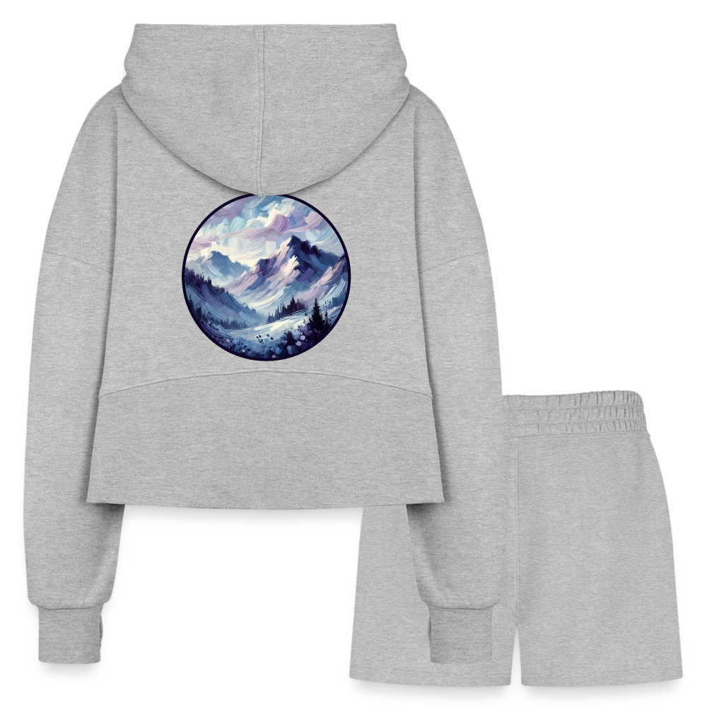 Women’s Lavender Blue Mountain Range Graphic Half Zip Cropped Hoodie & Jogger Short Set with Logo - heather gray