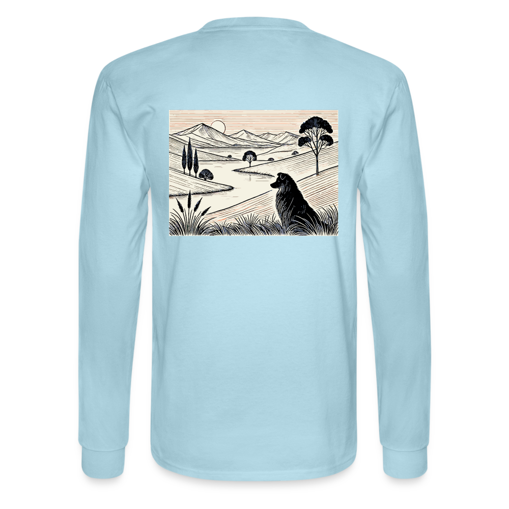 Men's Australian Shepherd Prairie Graphic Long Sleeve Shirt with Logo - powder blue