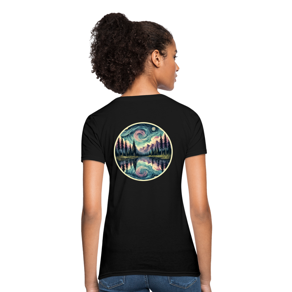 Women's Purple Swirling Sky Reflected on Lake Graphic T-Shirt with Logo - black