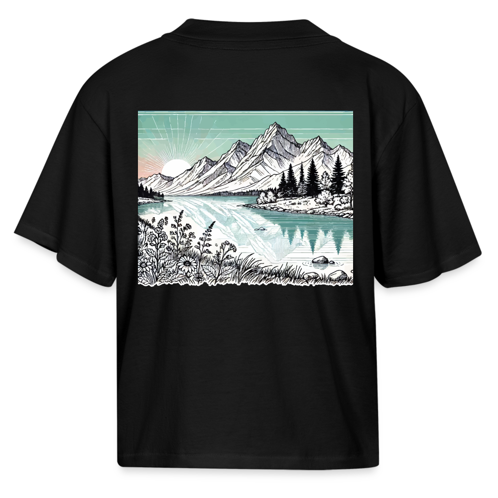 Women's Colored Mountain Lake Landscape Graphic Boxy Tee with Logo - black