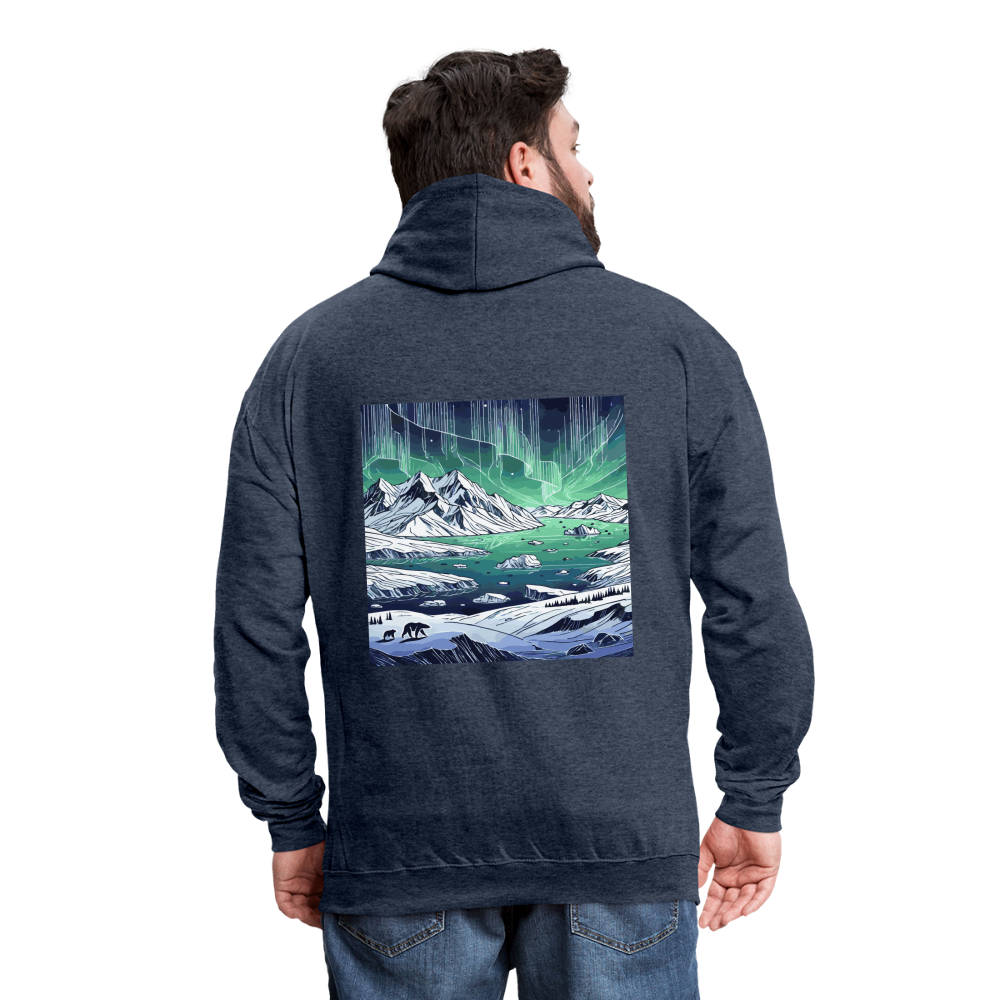 Colored Northern Lights Arctic Landscape Graphic Unisex Contrast Hoodie with Logo - indigo heather/asphalt