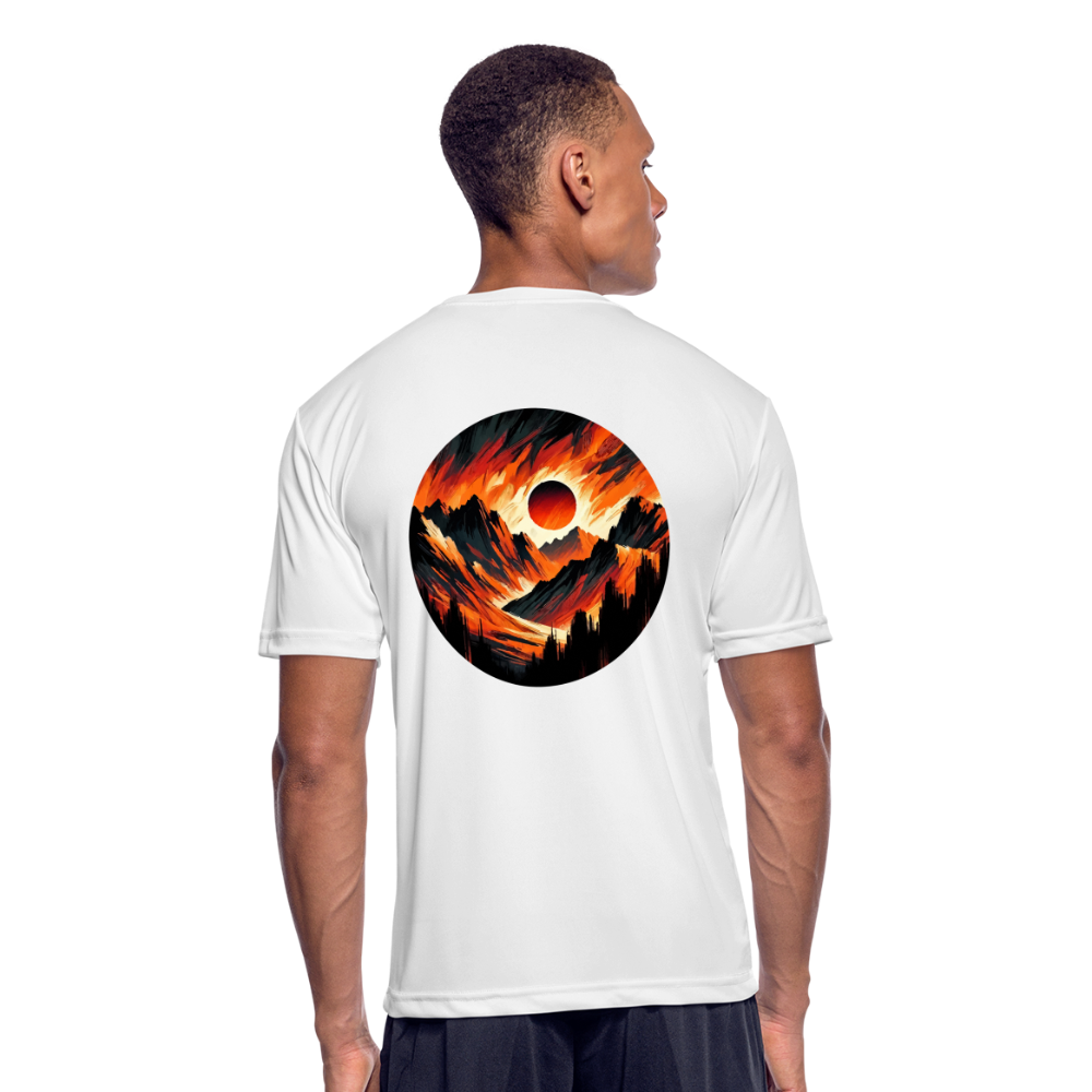 Men’s Orange and Black Mountain Range Graphic Moisture Wicking Performance T-Shirt with Logo - white