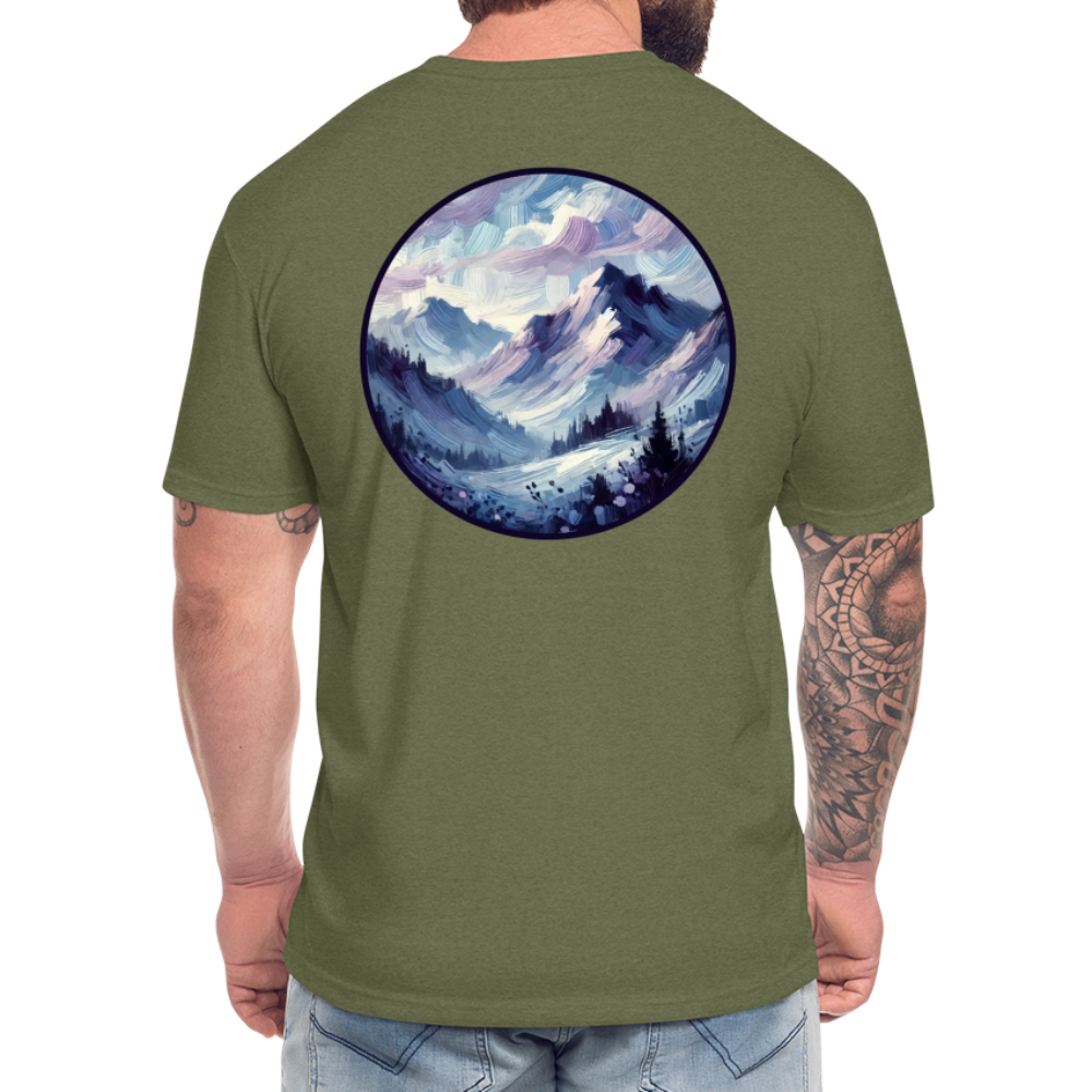 Lavender Blue Mountain Range Graphic Unisex Fitted Cotton/Poly T-Shirt with Logo - heather military green