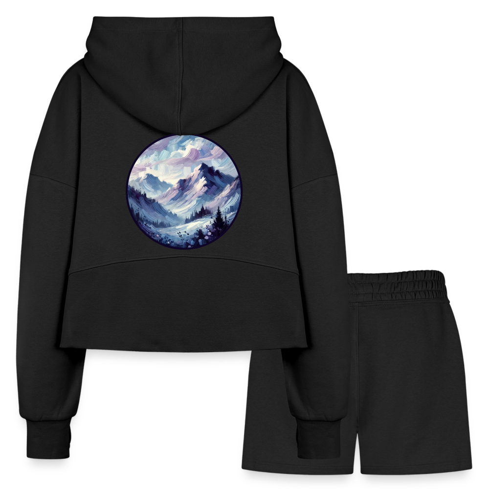 Women’s Lavender Blue Mountain Range Graphic Half Zip Cropped Hoodie & Jogger Short Set with Logo - black