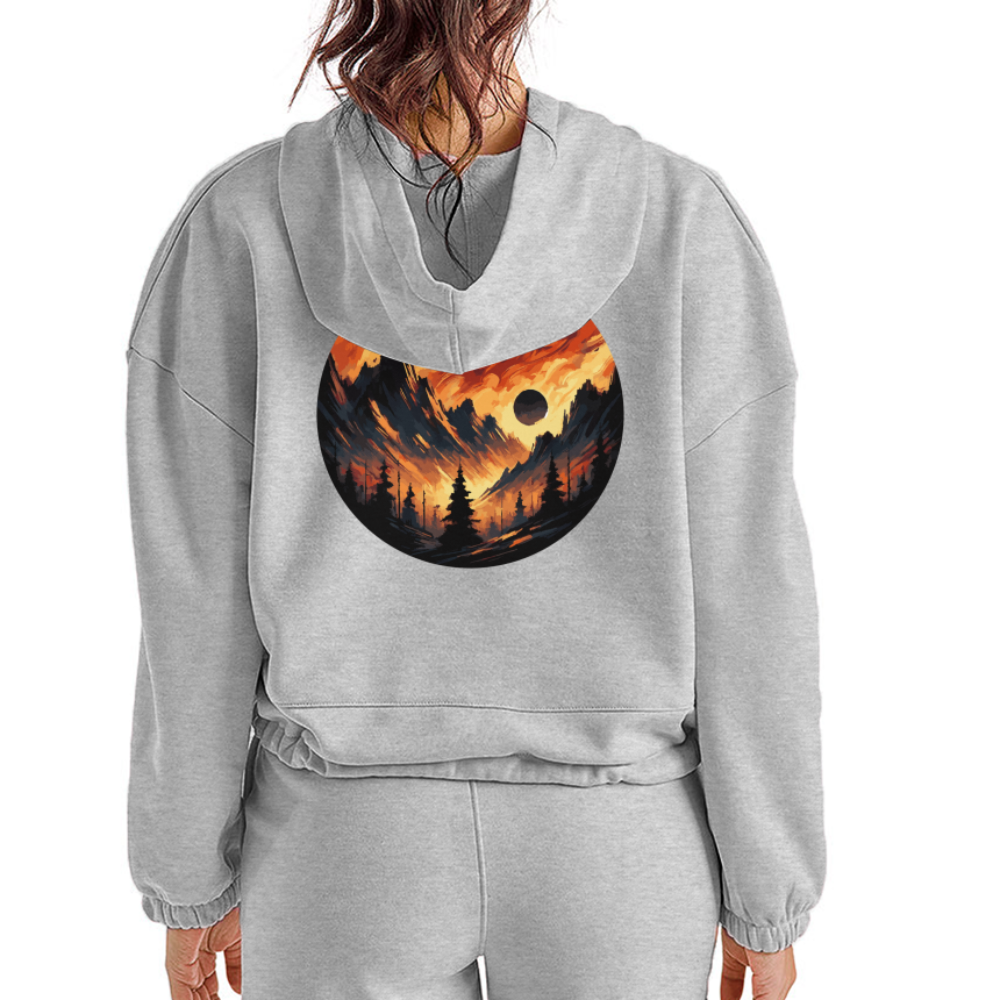 Women’s Brushed Orange and Black Mountain Range Graphic Cropped Hoodie with Logo - heather gray