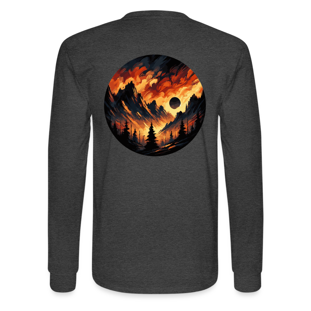 Men's Brushed Orange and Black Mountain Range Graphic Long Sleeve Shirt with Logo - heather black