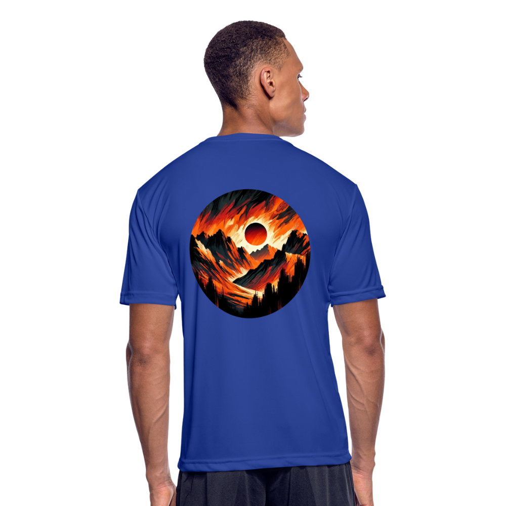 Men’s Orange and Black Mountain Range Graphic Moisture Wicking Performance T-Shirt with Logo - royal blue