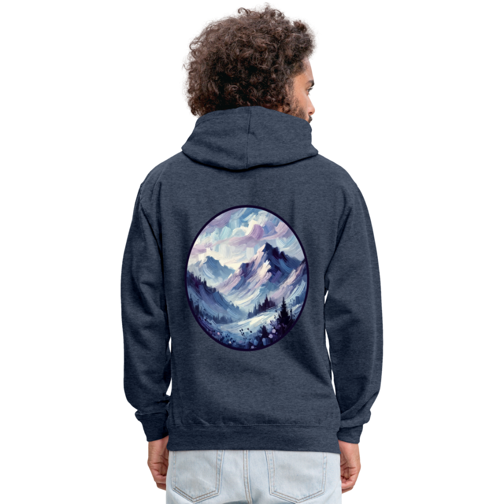 Lavender Blue Mountain Range Graphic Unisex Contrast Hoodie with Logo - indigo heather/asphalt