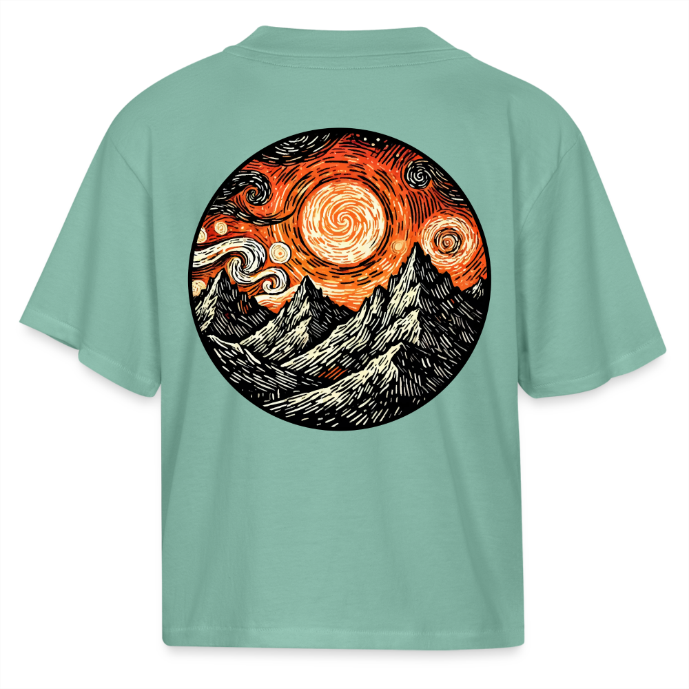 Women's Orange Swirling Mountains Graphic Boxy Tee with Logo - saltwater