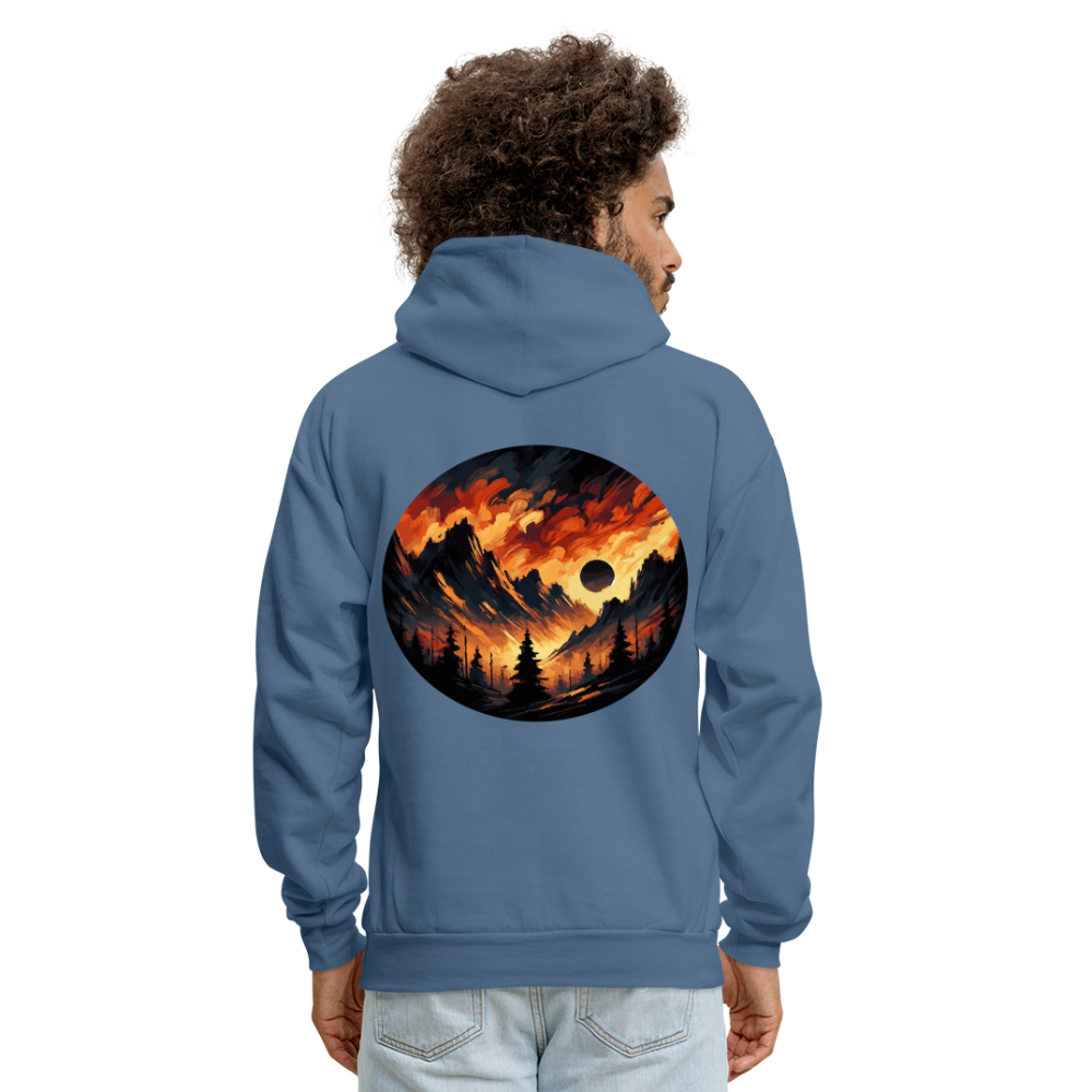 Men's Brushed Orange and Black Mountain Range Graphic Hoodie with Logo - denim blue