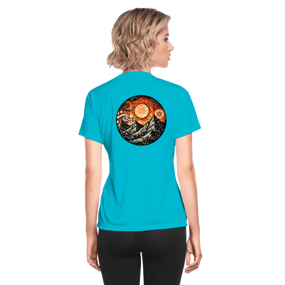 Women's Orange Swirling Mountains Graphic Moisture Wicking Performance T-Shirt with Logo - turquoise