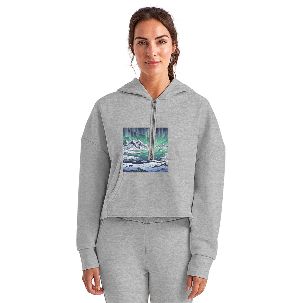 Women's Colored Northern Lights Arctic Landscape Graphic Half Zip Cropped Hoodie with Logo - heather gray