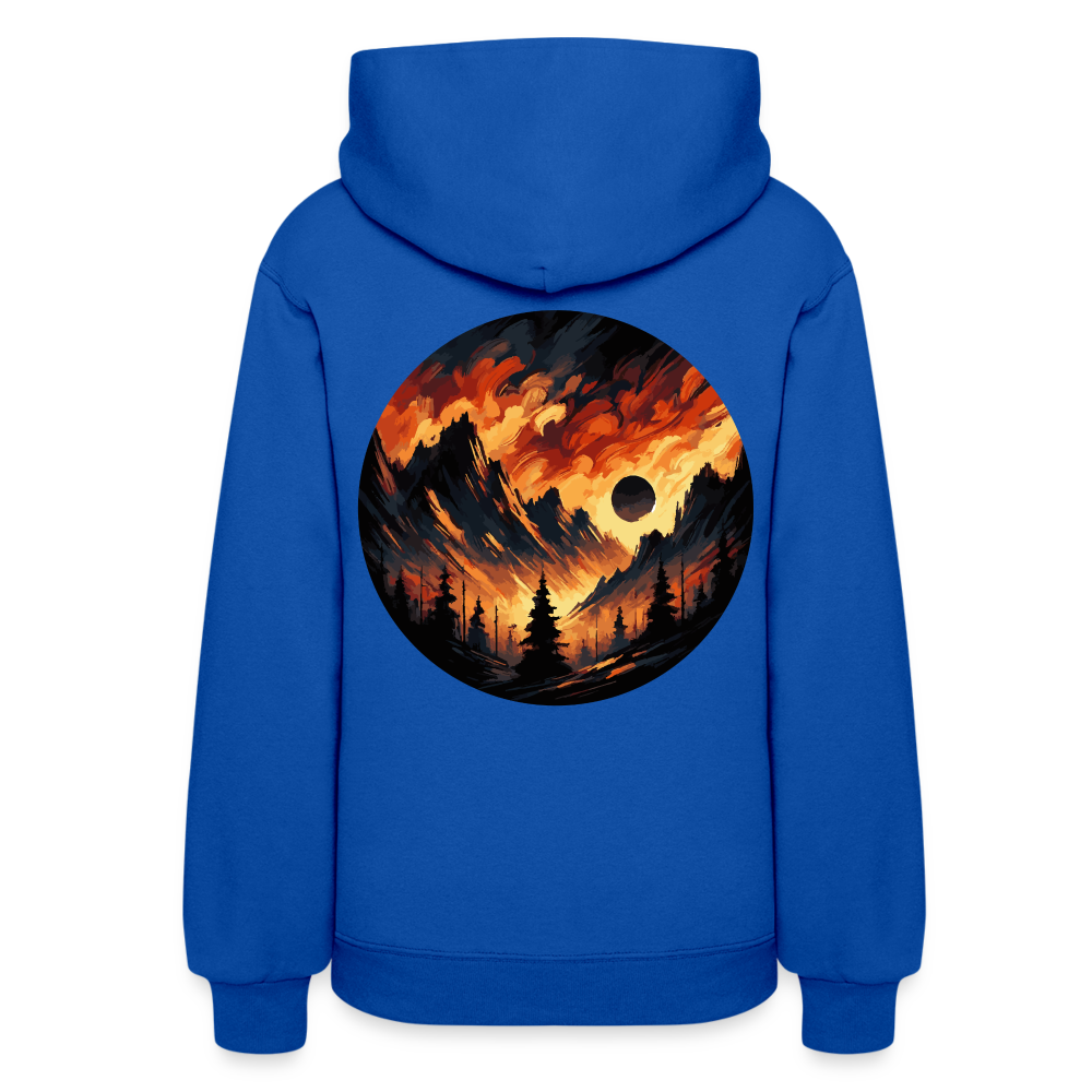 Women's Brushed Orange and Black Mountain Range Graphic Hoodie with Logo - royal blue