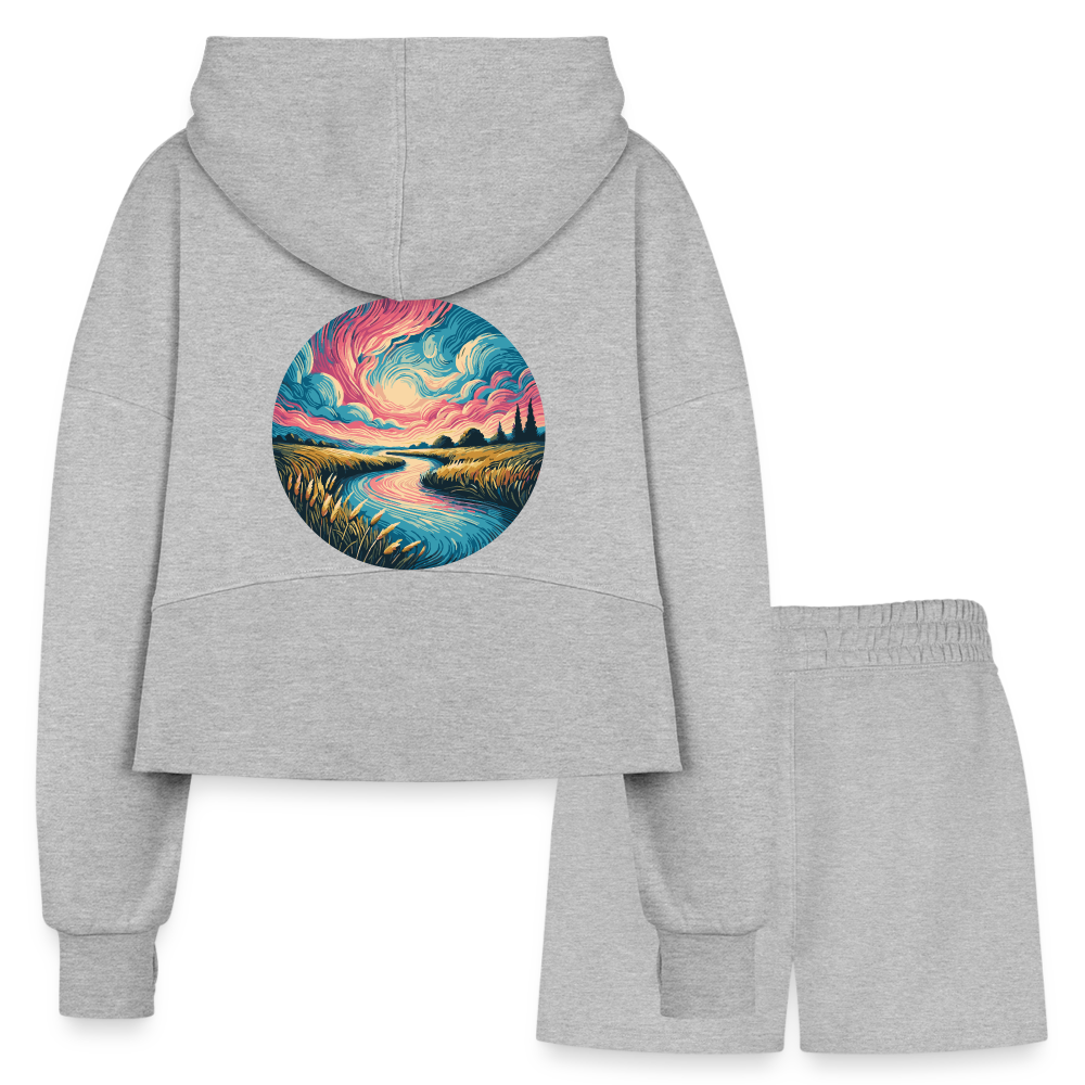 Women’s River Pink and Blue Sky Graphic Half Zip Cropped Hoodie & Jogger Short Set with Logo - heather gray