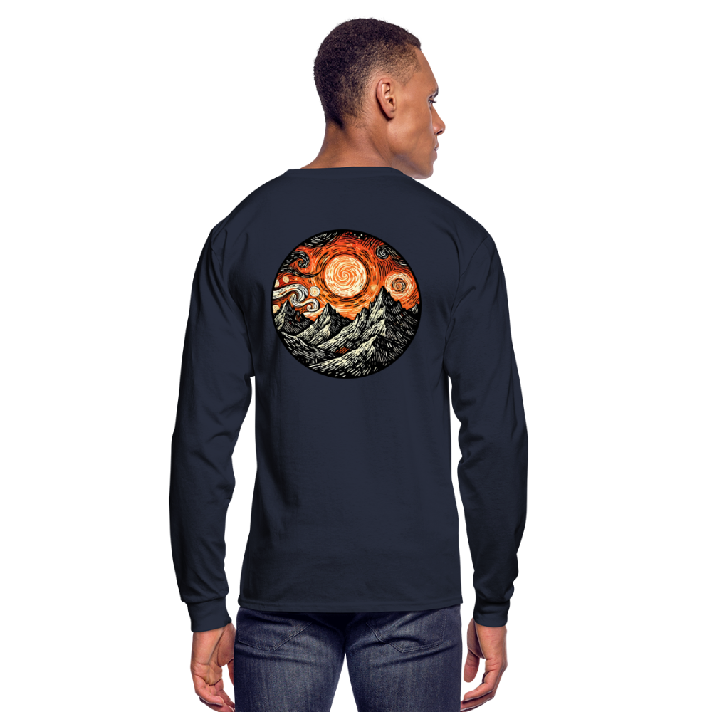 Men's Orange Swirling Mountains Graphic Long Sleeve Shirt with Logo - navy