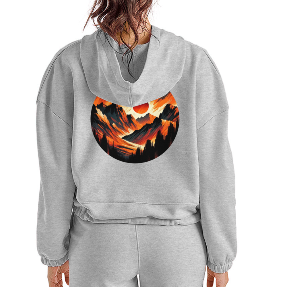 Women’s Orange and Black Mountain Range Graphic Cropped Hoodie with Logo - heather gray