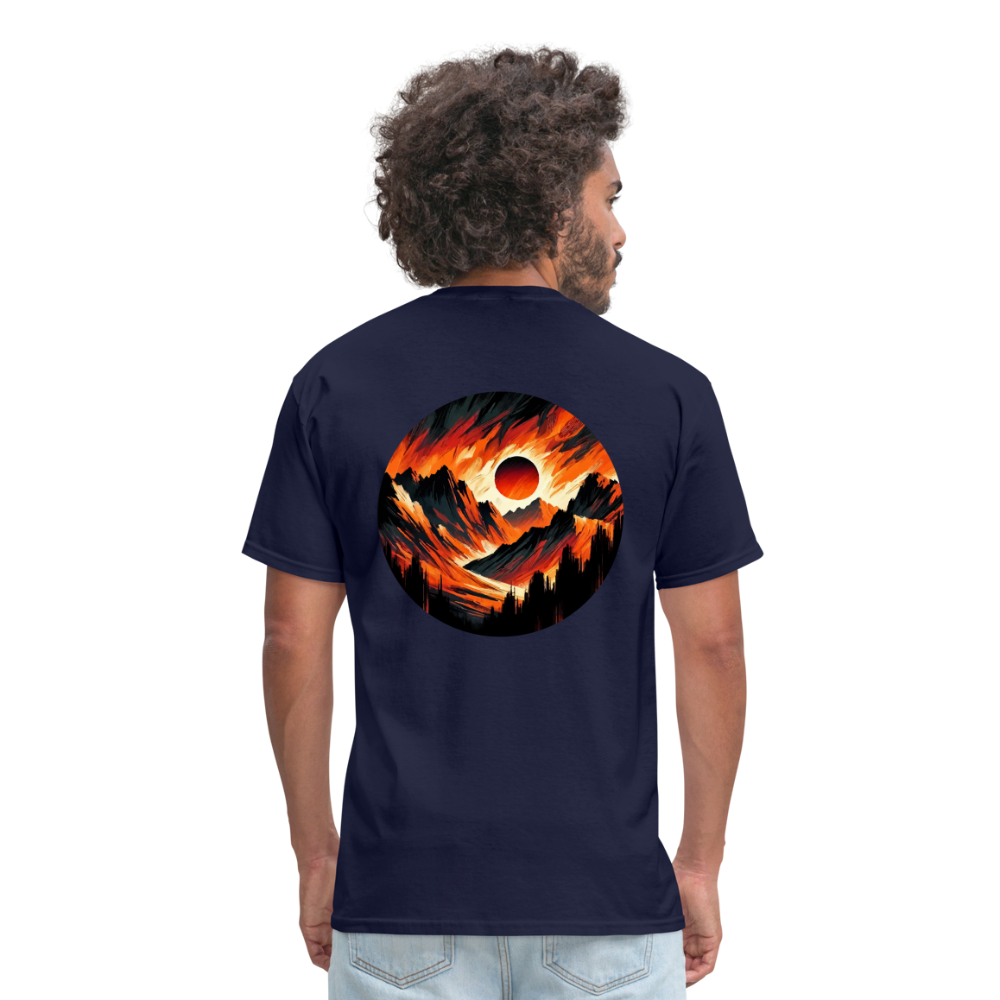 Orange and Black Mountain Range Unisex Classic T-Shirt with Logo - navy