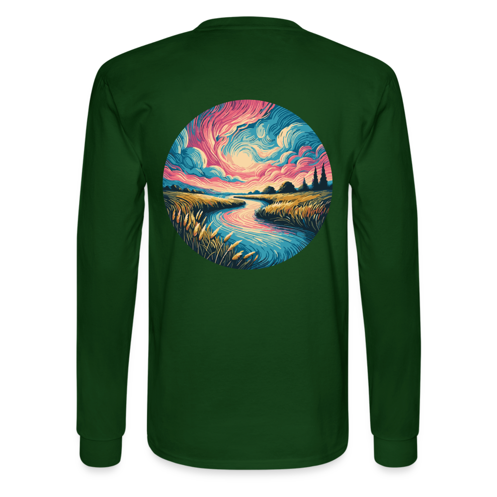 Men's River Pink and Blue Sky Graphic Long Sleeve Shirt with Logo - forest green