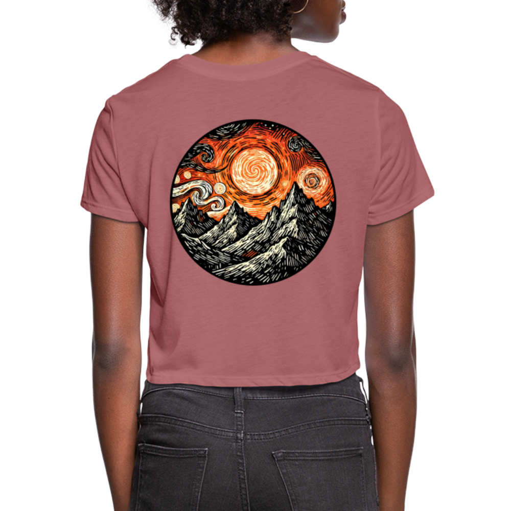 Women's Orange Swirling Mountains Graphic Cropped T-Shirt with Logo - mauve