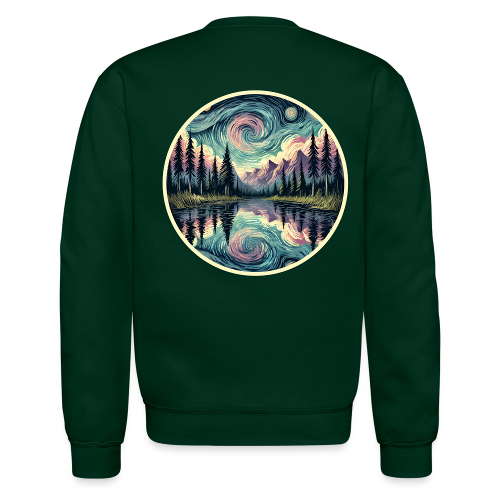 Purple Swirling Sky Reflected on Lake Graphic Crewneck Sweatshirt with Logo - forest green