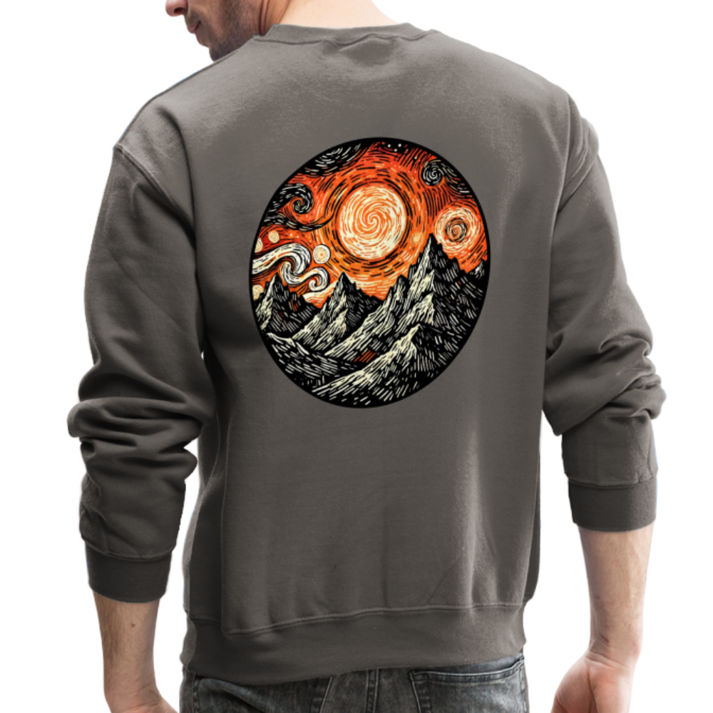 Orange Swirling Mountains Graphic Crewneck Sweatshirt with Logo - asphalt gray