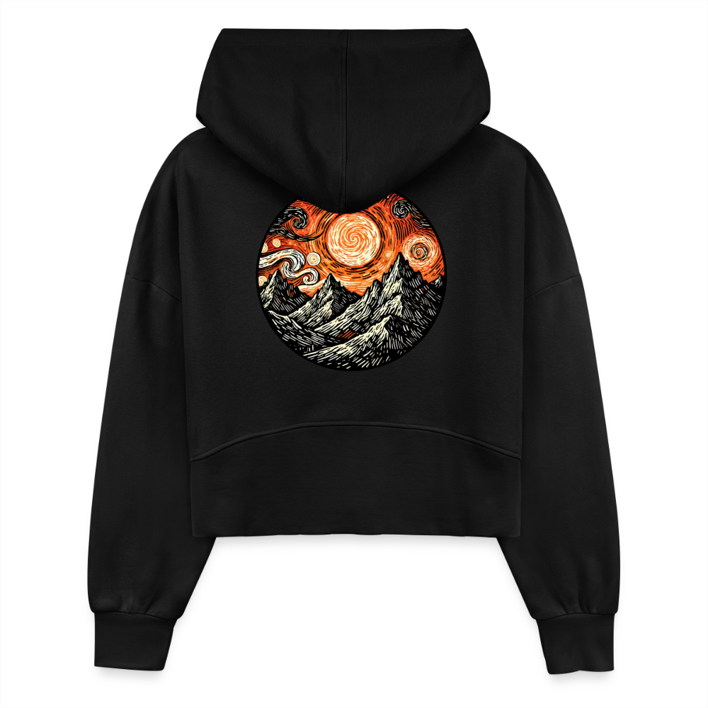 Women's Orange Swirling Mountains Graphic Half Zip Cropped Hoodie with Logo - black