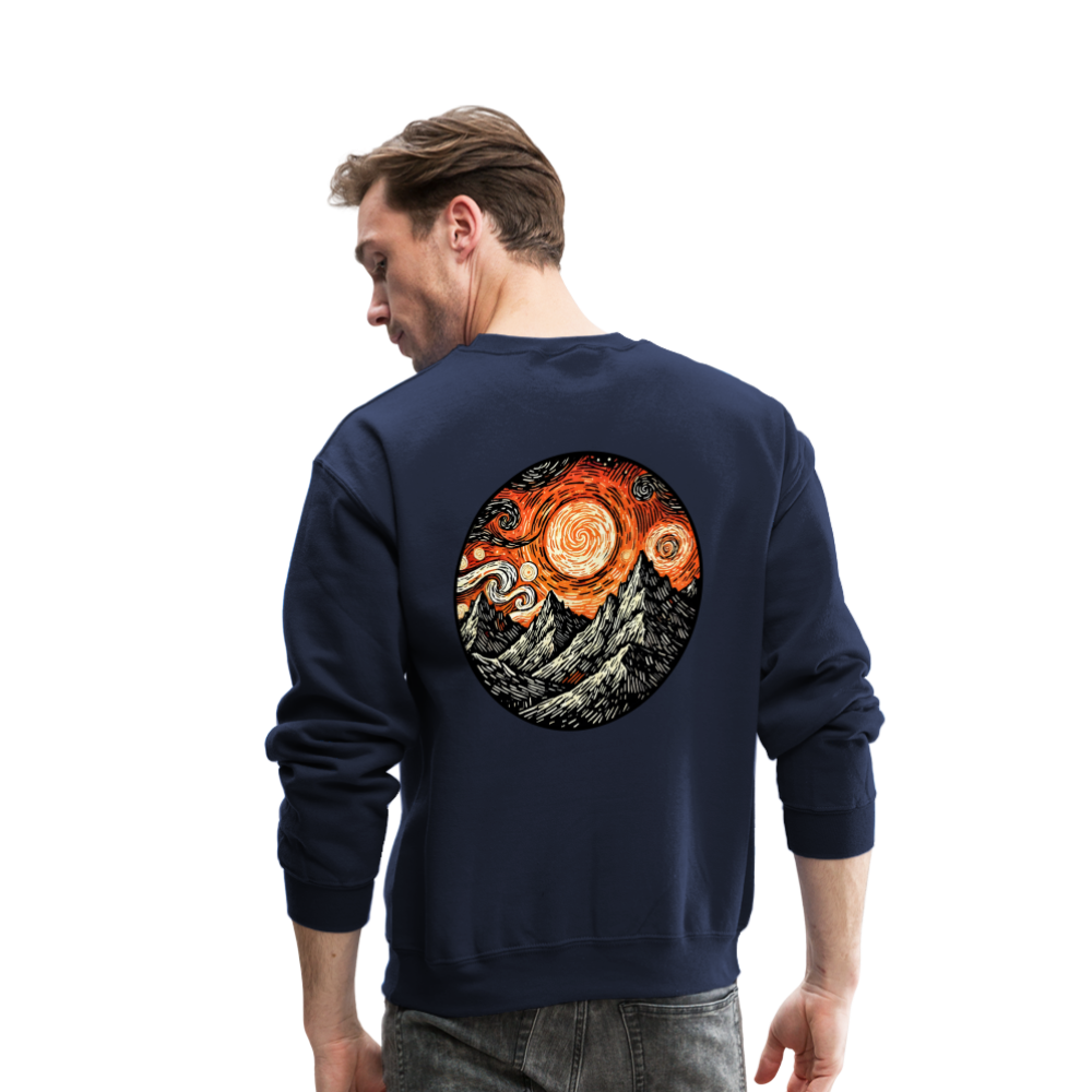 Orange Swirling Mountains Graphic Crewneck Sweatshirt with Logo - navy