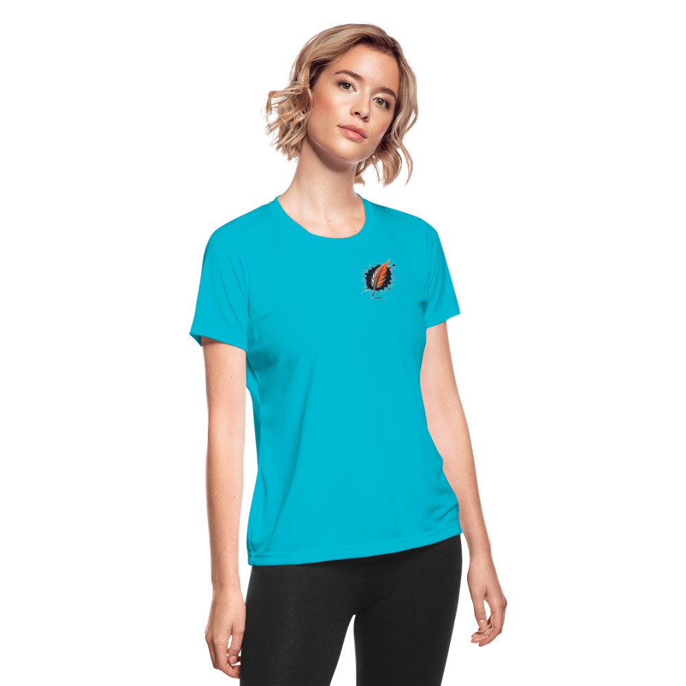 Women's Lavender Blue Mountain Range Graphic Moisture Wicking Performance T-Shirt with Logo - turquoise