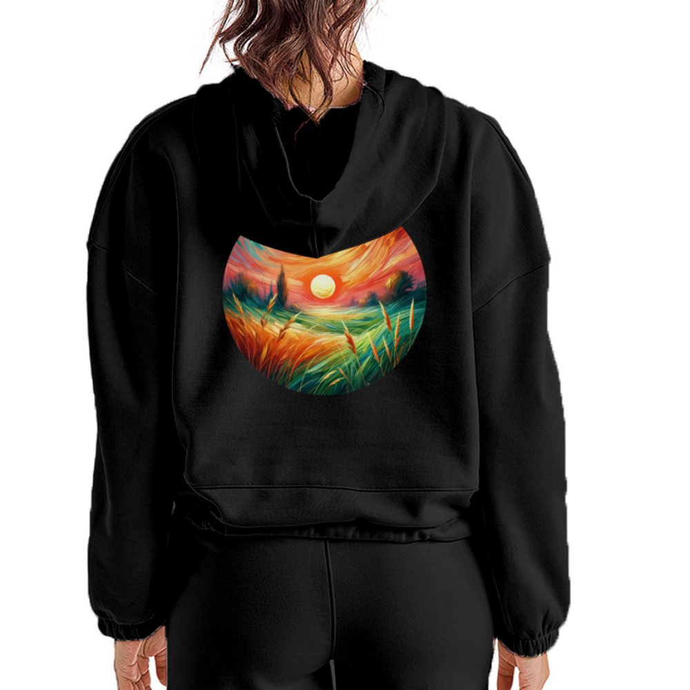 Women’s Pink Wheat Field Graphic Cropped Hoodie with Logo - black