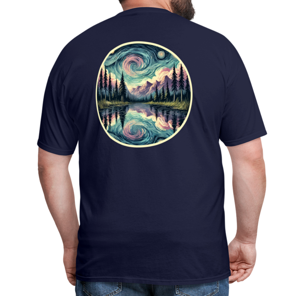 Purple Swirling Sky Reflected on Lake Graphic Unisex Classic T-Shirt with Logo - navy