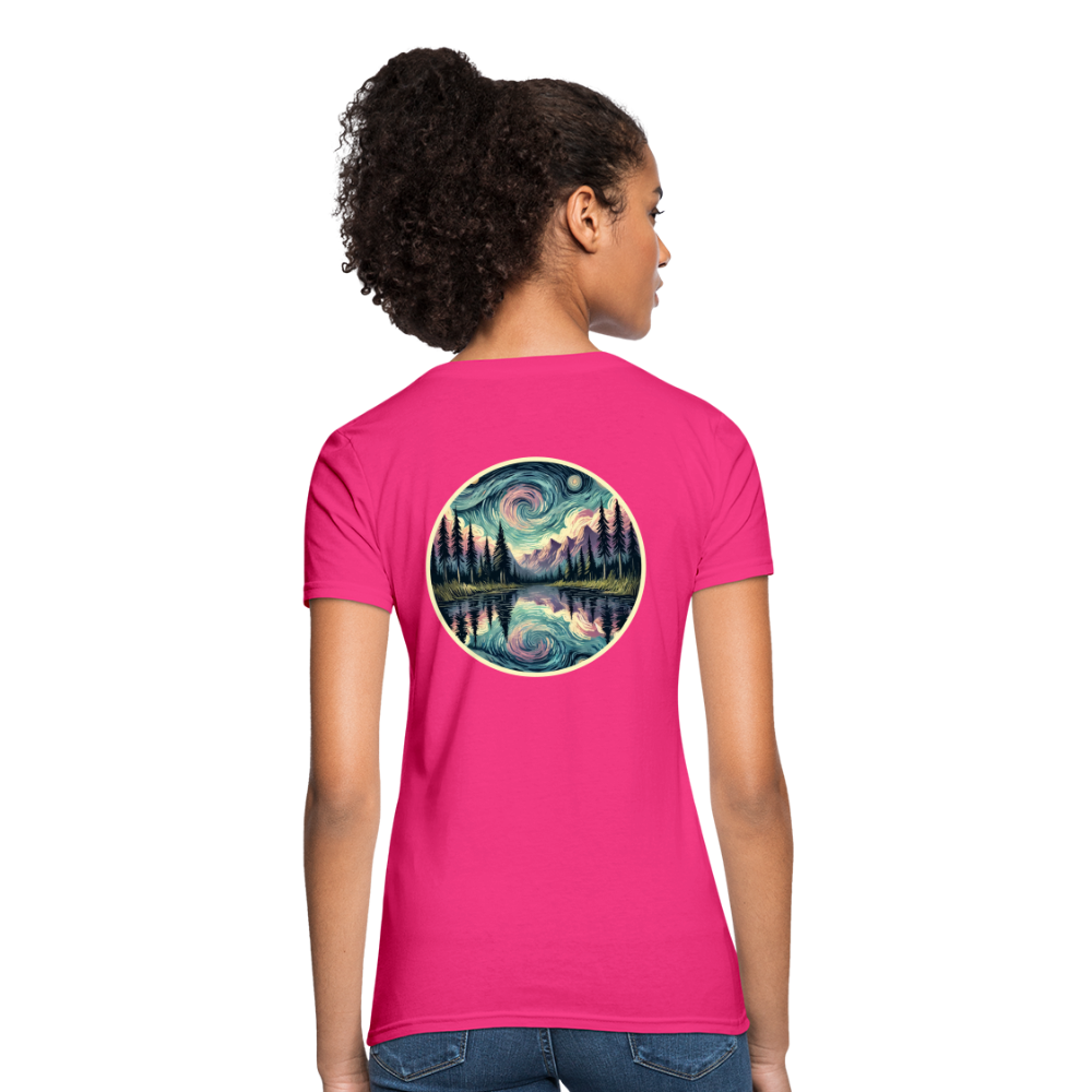 Women's Purple Swirling Sky Reflected on Lake Graphic T-Shirt with Logo - fuchsia