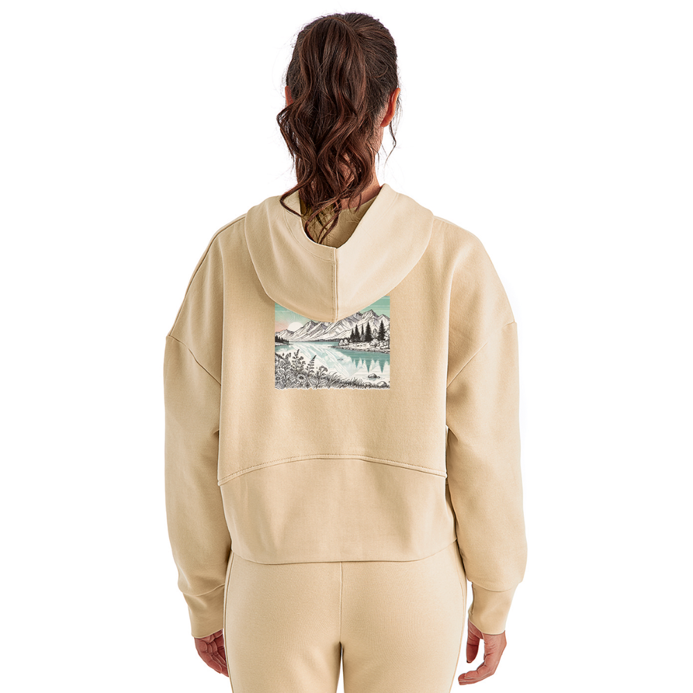 Women's Colored Mountain Lake Landscape Graphic Half Zip Cropped Hoodie with Logo - nude