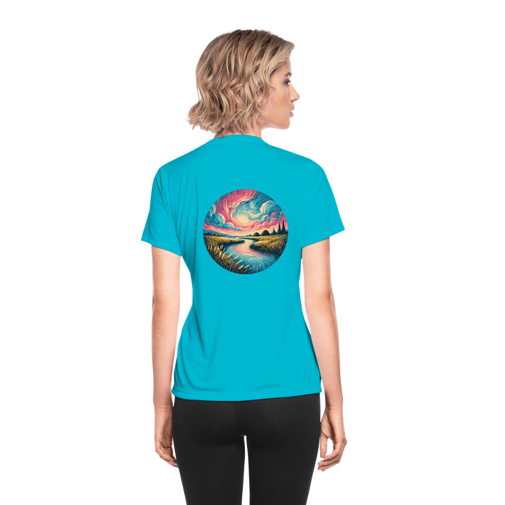 Women's River Pink and Blue Sky Graphic Moisture Wicking Performance T-Shirt with Logo - turquoise