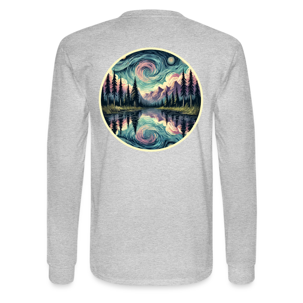 Men's Purple Swirling Sky Reflected on Lake Graphic Long Sleeve Shirt with Logo - heather gray