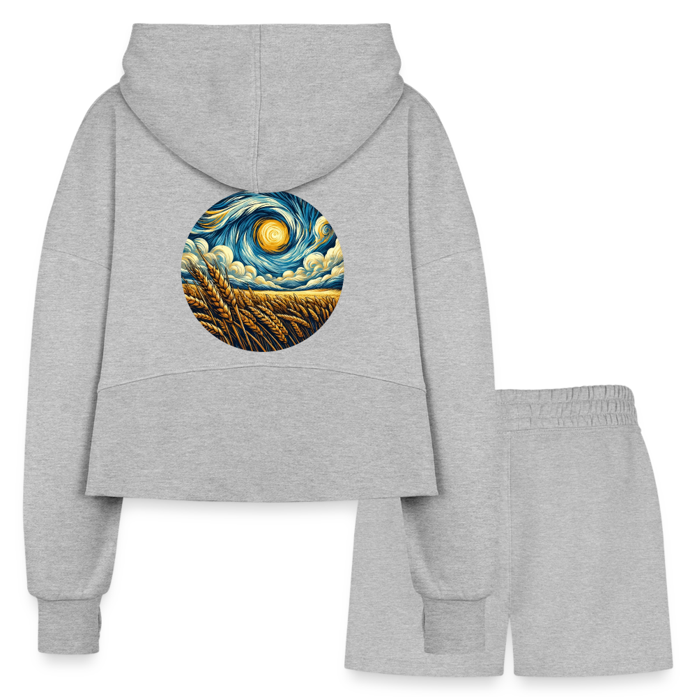 Women’s Wheat Field Graphic Half Zip Cropped Hoodie & Jogger Short Set with Logo - heather gray