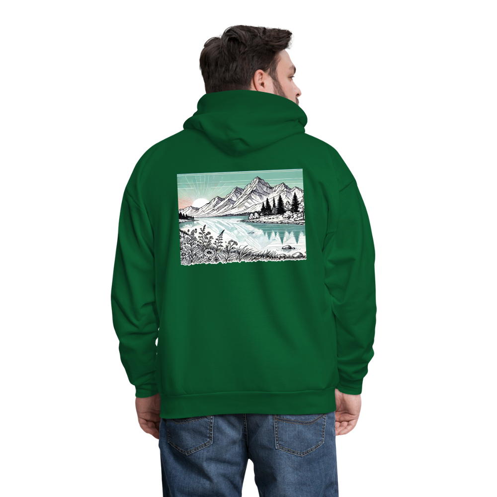 Men's Colored Mountain Lake Landscape Graphic Hoodie with Logo - forest green