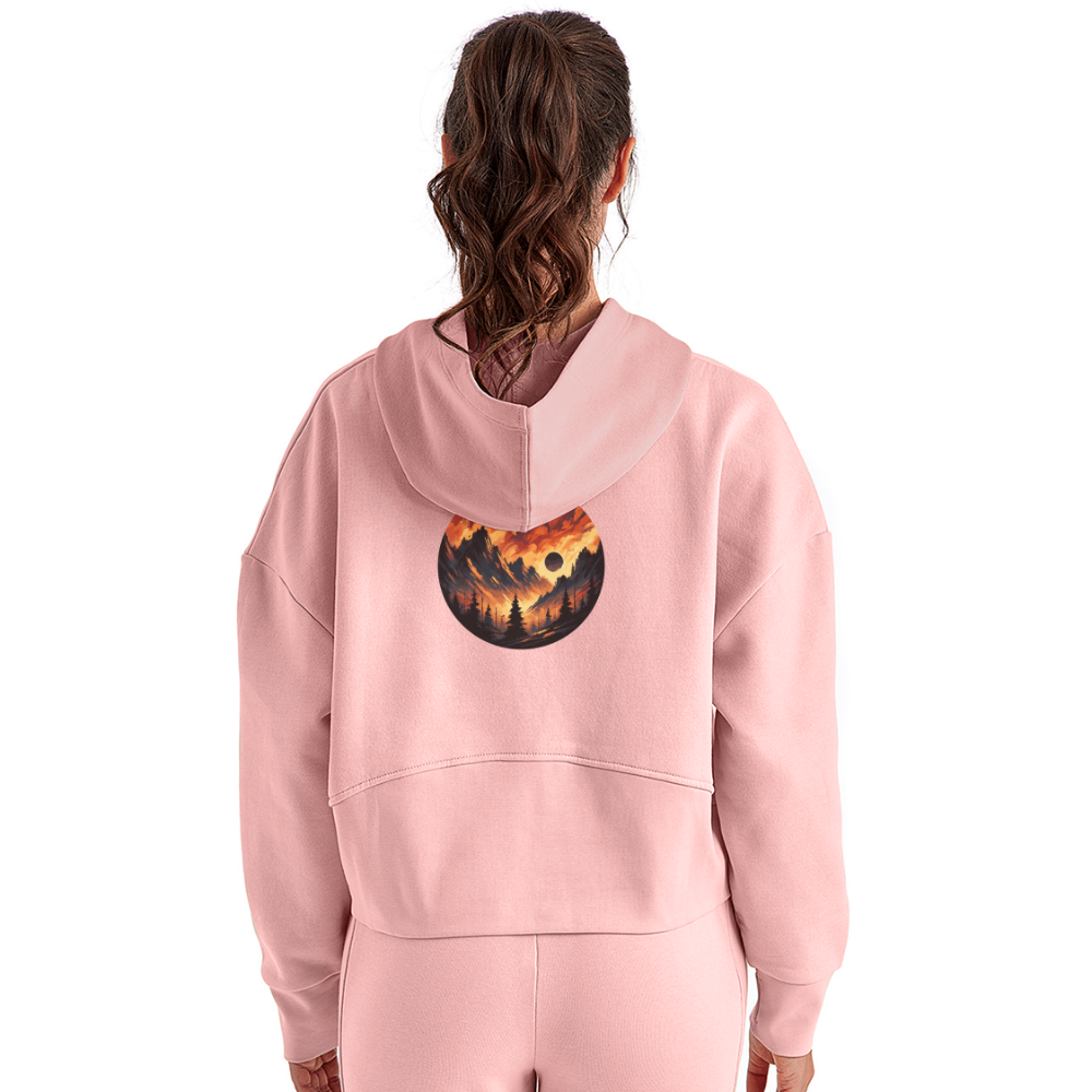 Women's Brushed Orange and Black Mountain Range Graphic Half Zip Cropped Hoodie with Logo - light pink