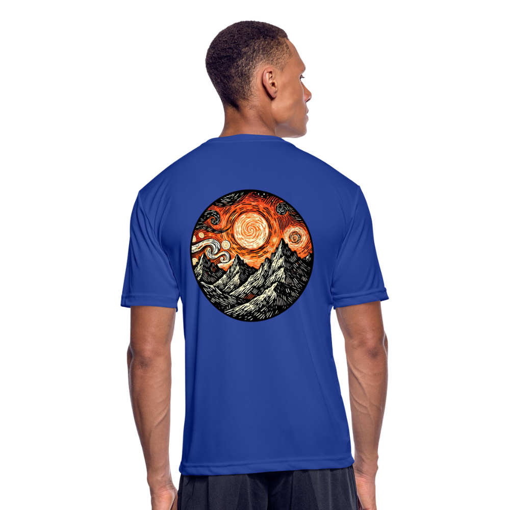 Men’s Orange Swirling Mountains Graphic Moisture Wicking Performance T-Shirt with Logo - royal blue