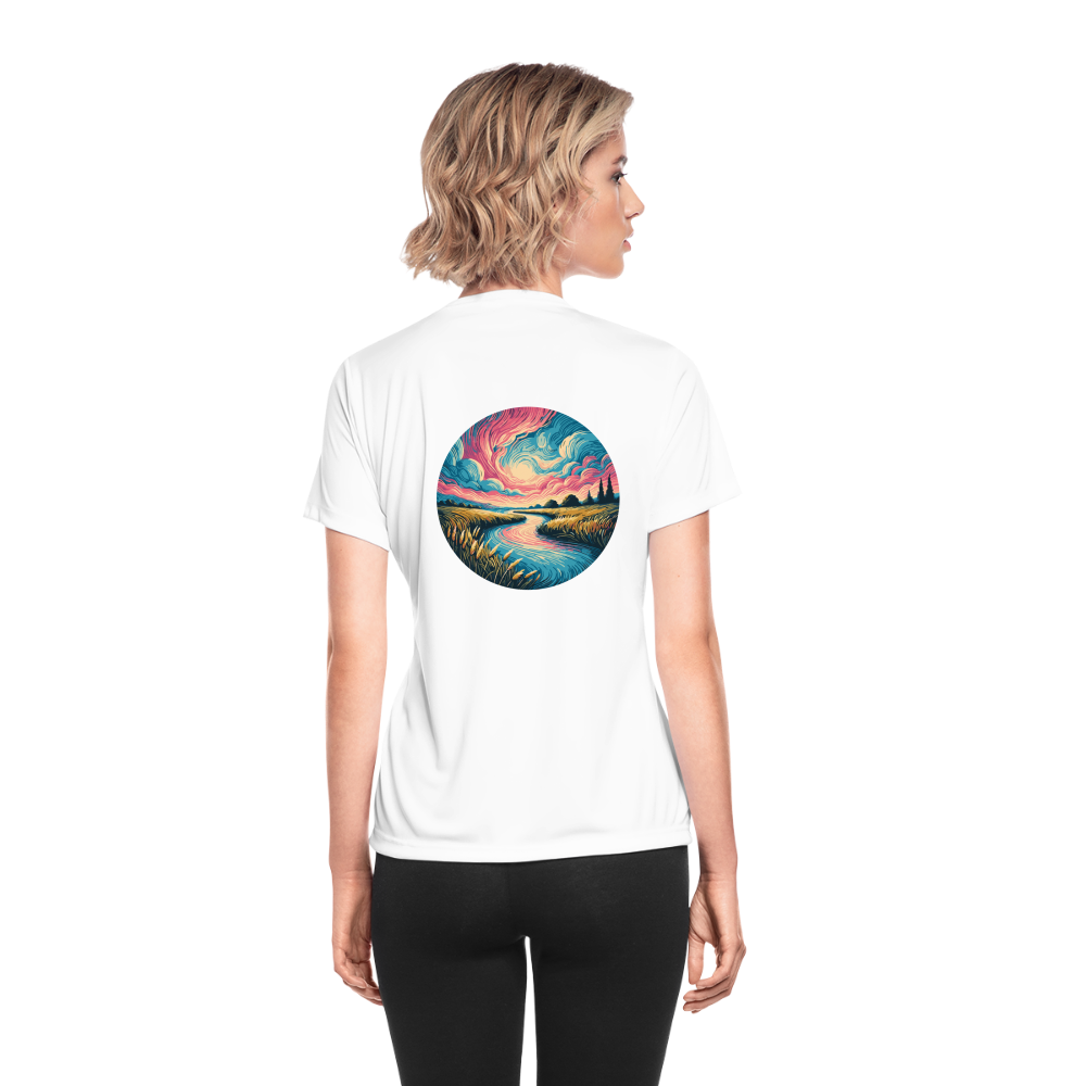 Women's River Pink and Blue Sky Graphic Moisture Wicking Performance T-Shirt with Logo - white