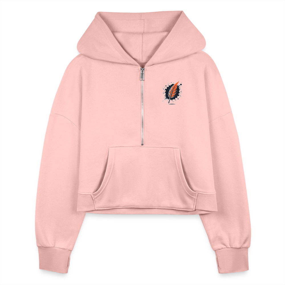 Women's Plain Half Zip Cropped Hoodie with Logo - light pink