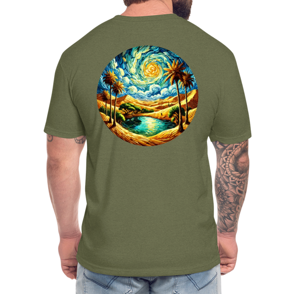 Desert Oasis Graphic Unisex Fitted Cotton/Poly T-Shirt with Logo - heather military green