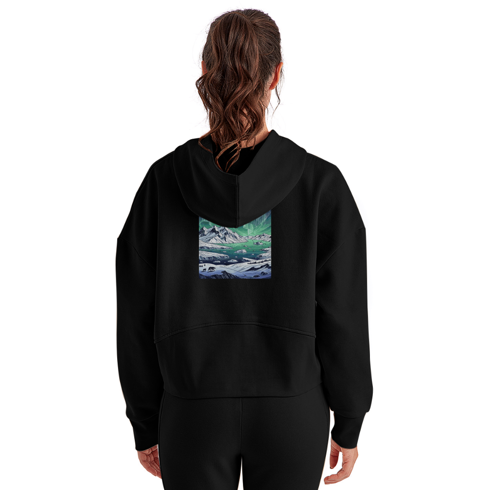 Women's Colored Northern Lights Arctic Landscape Graphic Half Zip Cropped Hoodie with Logo - black